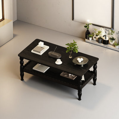 Rectangle Coffee Table Solid Wood Coffee Table with Storage Shelf,Farmhouse 2-Tier Center Table Lacquered Classical Legs,Easy Assembly Apartment Cente