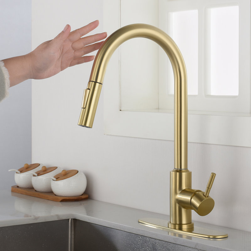 Touch Enabled Kitchen Faucet With Pull Down - 360-Degree Rotatable, Single Handle To Alter Water Temperature And Flow Rate, Rust, Gold Stainless Steel, 15.65 In. Depth, 9.86 Width, 9.18 Height, 4.58