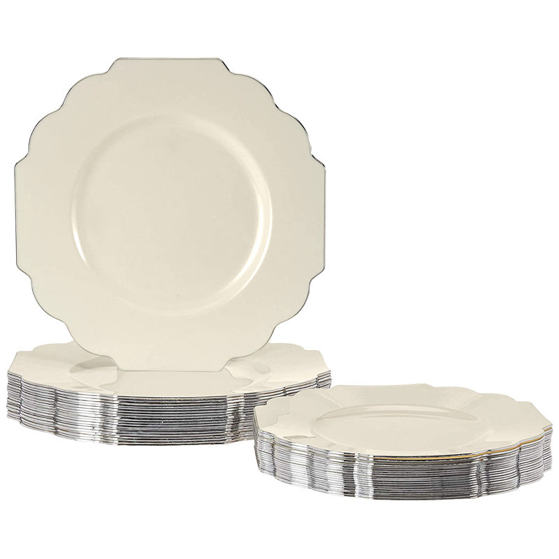 Élégantes assiettes en plastique pour fête avec rebord festonné (10 pièces), assiettes à dessert jetables robustes pour réception de mariage - 6 po, ensembles de vaisselle en plastique de fantaisie avec bord argenté pour les événements haut de g