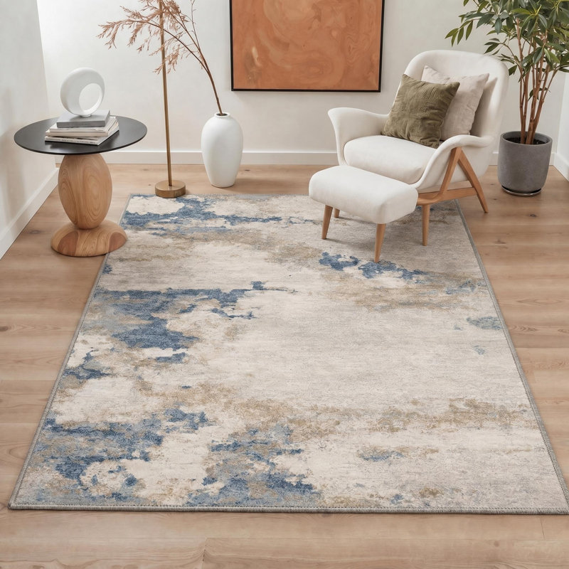 Tapis crème / bleu abstrait lavable à la machine avec envers antidérapant, Rectangle 6 pi x 9 pi