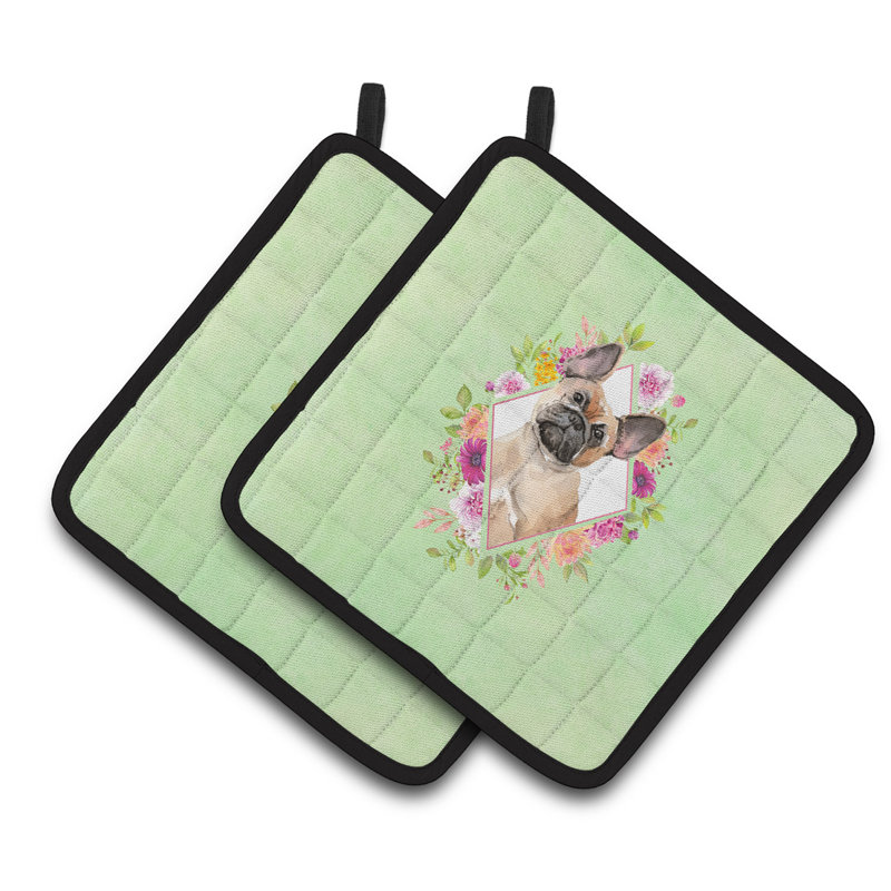 Caroline's Treasures Polyester Potholder Set, Green, Fawn French Bulldog Gray