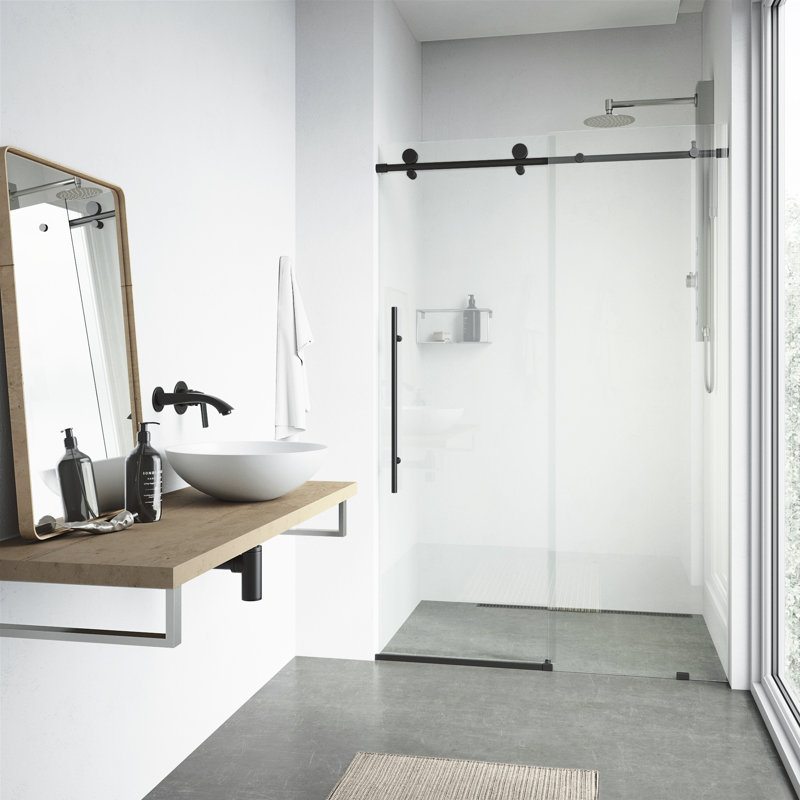 Elan E-Class 68-72" W x 76" H Sliding Frameless Shower Door with 3/8" Clear Glass, Matte Black