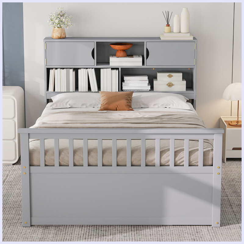 Base de lit plateforme moderne avec bibliothèques de rangement et tablettes, Simple, Blanc