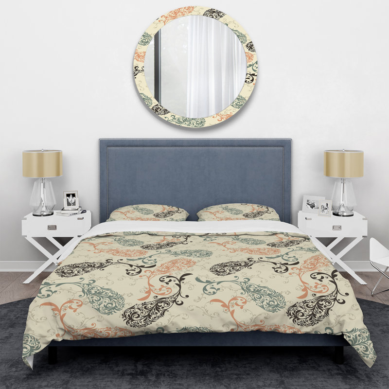Brown And Grey Floral Paisley Polyester Damask Duvet Cover, King Duvet Cover + 2 King Shams