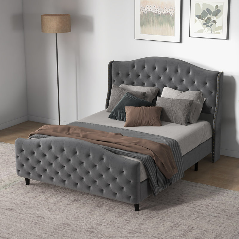 Joreen Upholstered Wingback Bed, Gray, Queen