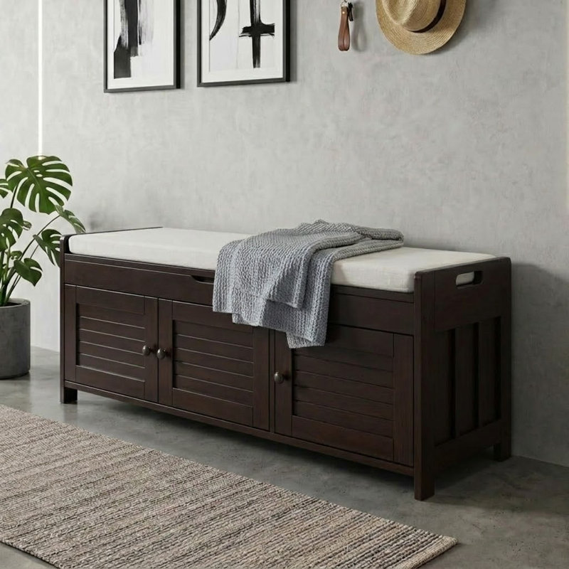 Marrion Contemporary Style Storage Bench with Adjustable Shelves and Cushions, Wooden Legs for Bedrooms and Entryways