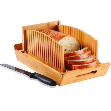 Bamboo Bread Slicer Cutting Guide - Foldable and Compact with Crumbs Tray  and Knife