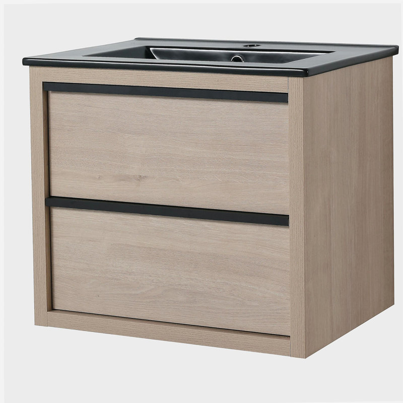 Lavabo de salle de bain 24 po avec lavabo en céramique noire et 2 tiroirs