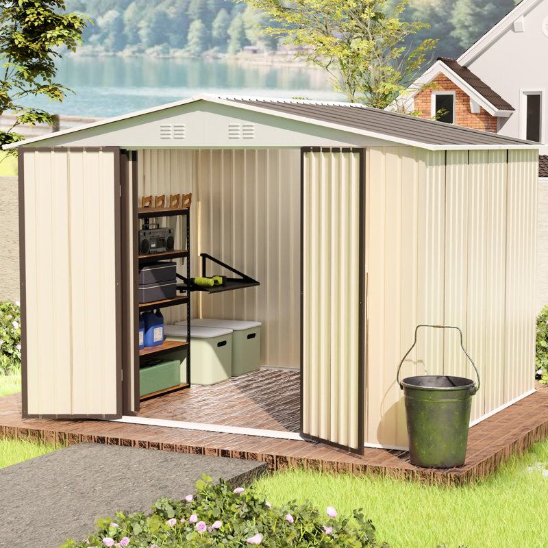 Remise à outils extérieure 10 x 8 pi blanc crème avec cadre en aluminium, porte à charnière et ouvertures de ventilation à circulation d'air avec alliage pour un accès facile, deux points