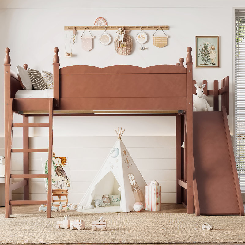 Lit mezzanine double avec tablettes de rangement et garde-robe, lits mezzanine en bois massif avec glissières et échelles amovibles, aucune boîte à ressorts nécessaire, naturel profond (protection par brevet)