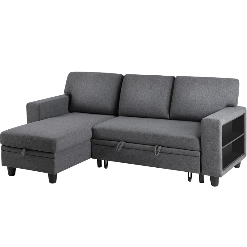 L Shaped Sectional Couch with Storage Chaise, USB Charging Ports & 2 Built-in Shelves, Gray  Fabric