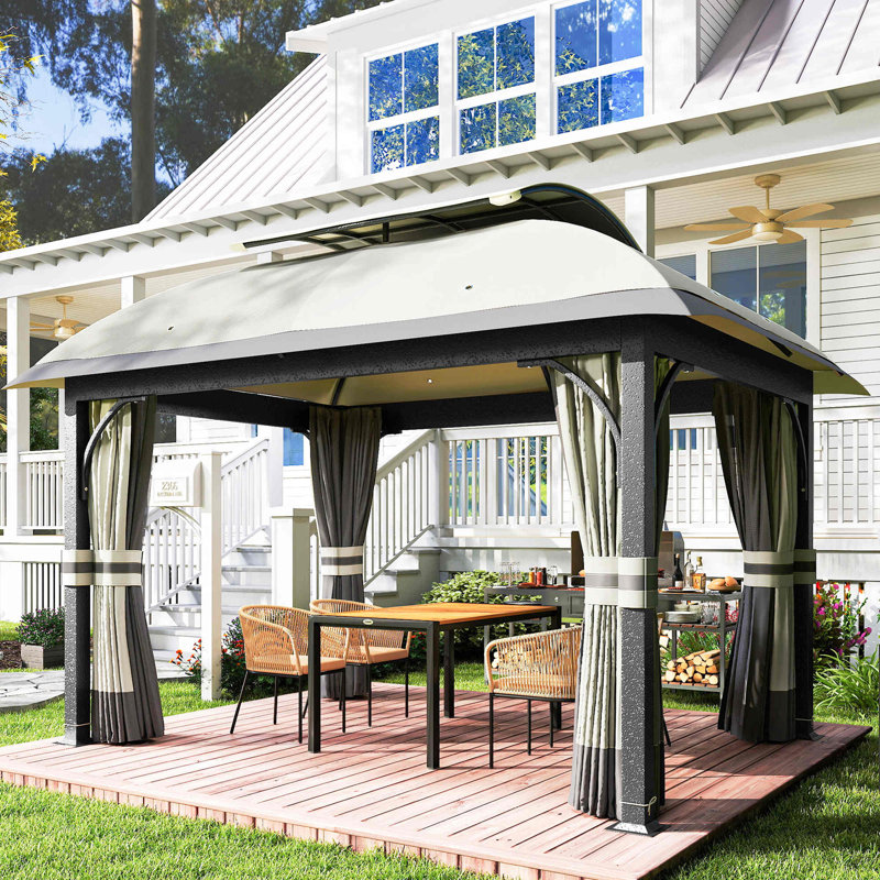 Pavillon de jardin à double toit avec filet et rideaux, Gris clair