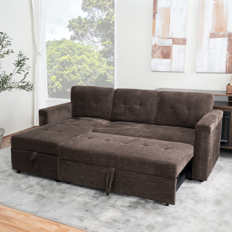 Kerica 2 - Piece Microfiber L-Shaped Sleeper Sofa Bed with USB – Reversible Pull Out Couch with Storage Chaise