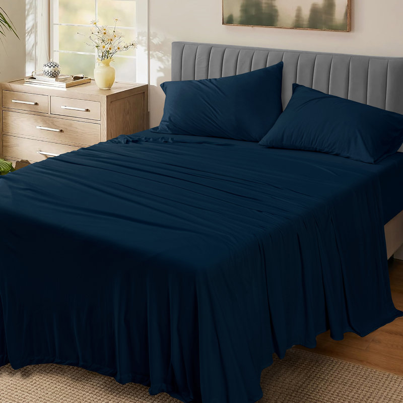 100% Cotton Jersey Knit Sheet Set, King Sheet Set with Fitted Sheet and 2 Pillowcases, Navy