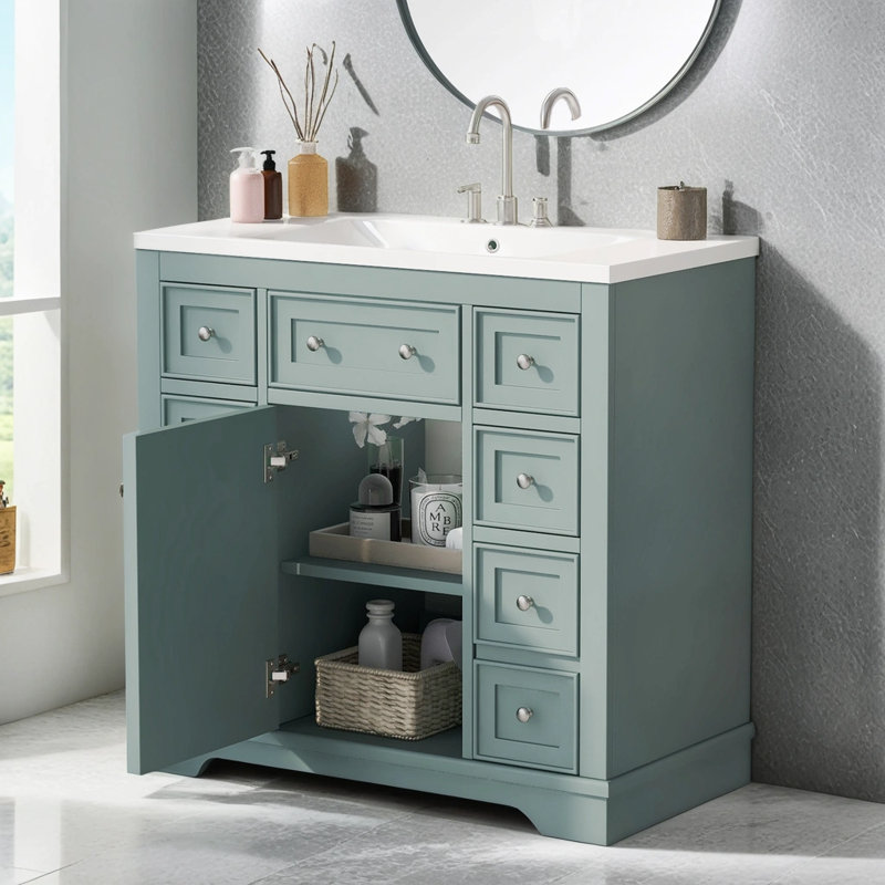 Nir 36'' Free Standing Single Bathroom Vanity with Ceramic Top, Green