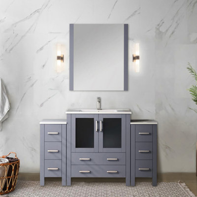 Dark Grey 54 In. W Single Bath Vanity With White Ceramic Top, Faucet , Soft - Close Drawers, And Scratch Surface For Long Lasting Use Bathroom In Grey, Width, Counter, Faucet, Feature, 8 Drawers