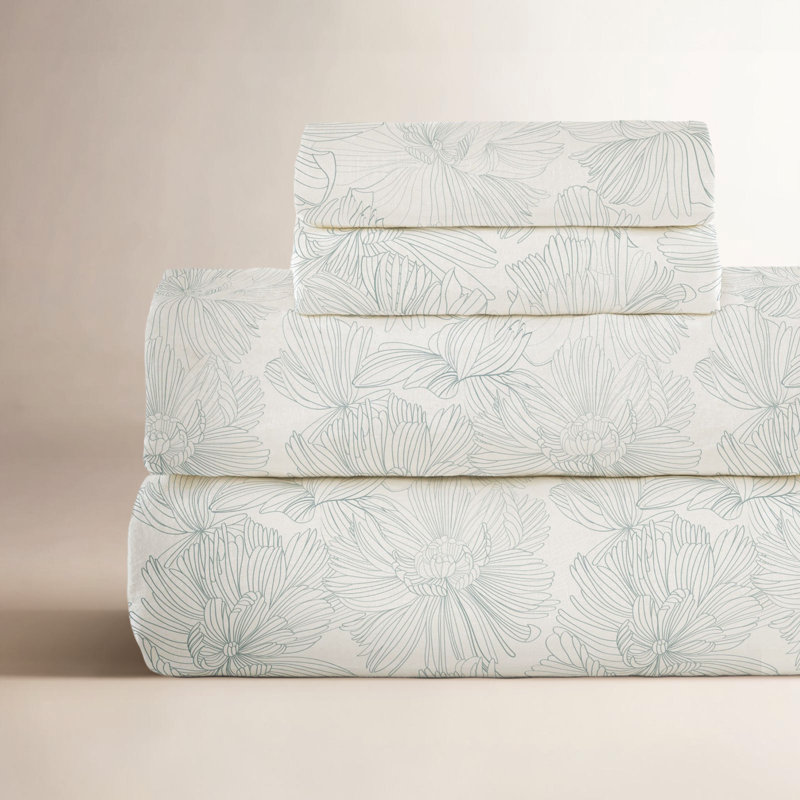 100% French Linen Sheet Set, King Sheet Set with 2 Pillowcases, Cream/Wave Floral
