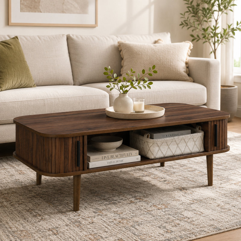 Aguilera 47.2" W Mid Century Coffee Table with Storage and Fluted Sliding Door, Walnut
