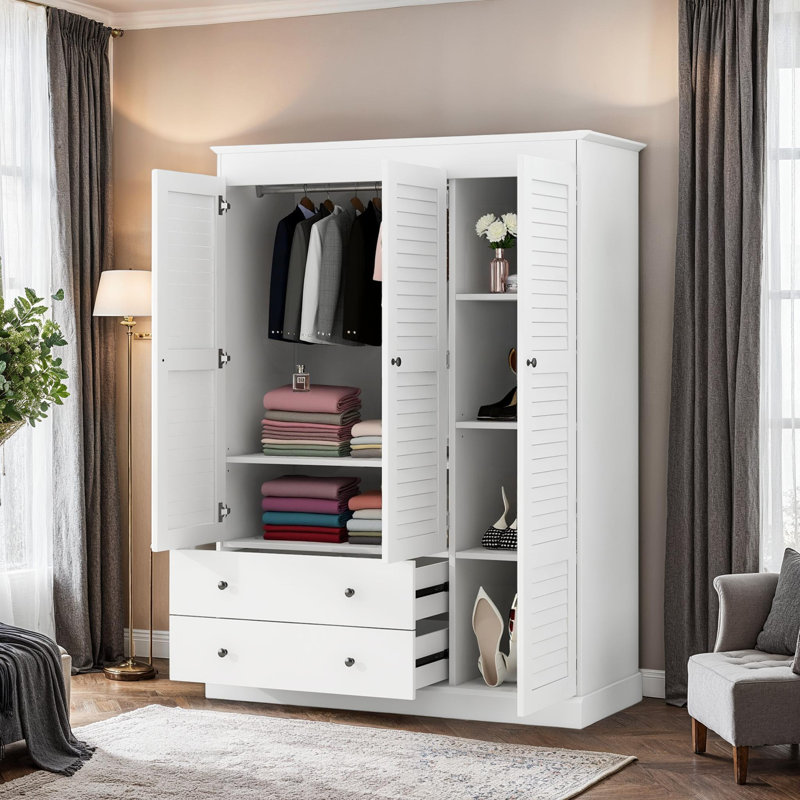 Classic White 3-Door Wardrobe Closet with 5 Shelves