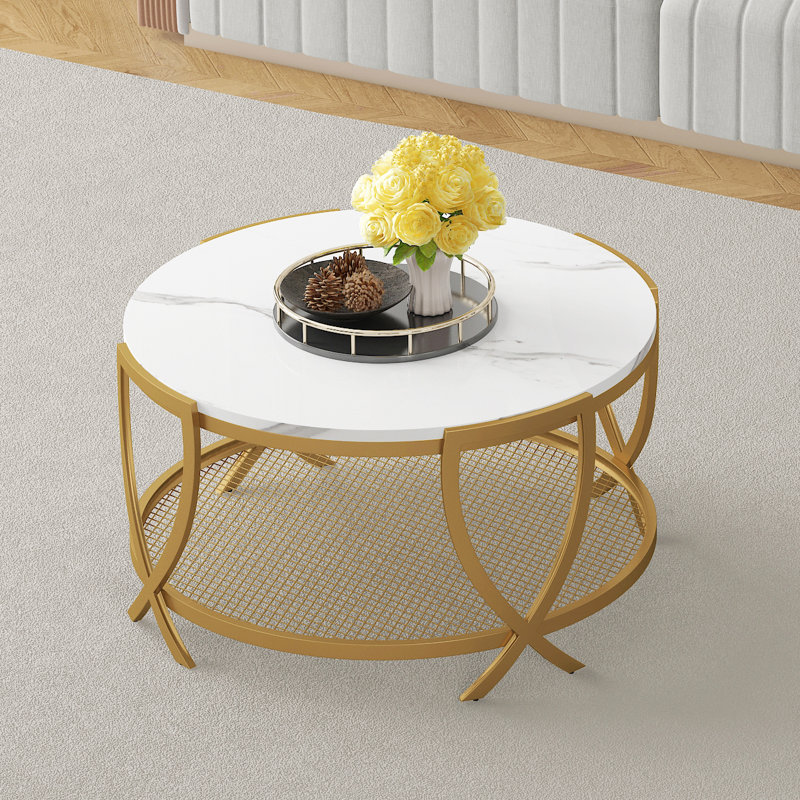 Aumiller Cross Legs Coffee Table with Storage, White/Gold , Marble