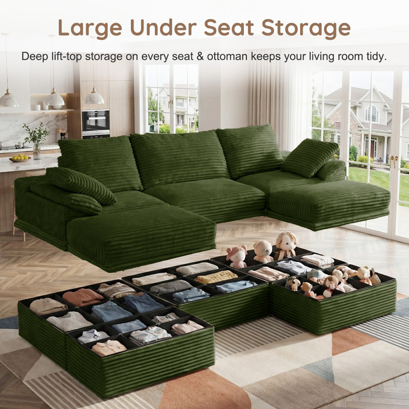 Boneless 107" Cloud Modular Sectional Sofa, 5-Piece U Shaped Corner Couch with Hidden Storage and 2 Ottomans, Modern Minimalist Corduroy Upholstered Sofa for Living Room, Extra Deep Seat, Easy Assembly Required