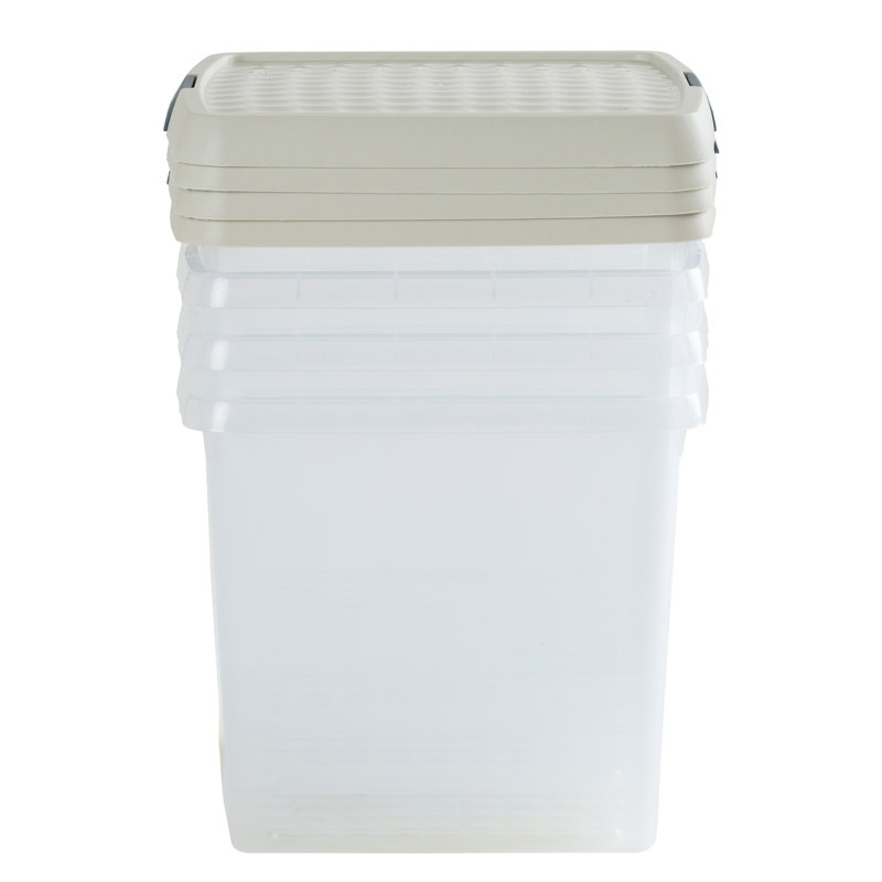 Wham Clip 14L Square Plastic Storage Boxes with Secure Clip Lock Lids. L:29 x W:29 x H:26cm, Clear/Green Milieu/Stone