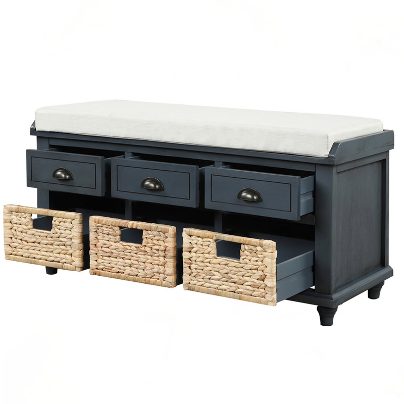 Banc de rangement rustique avec 3 tiroirs et 3 paniers, Marine antique