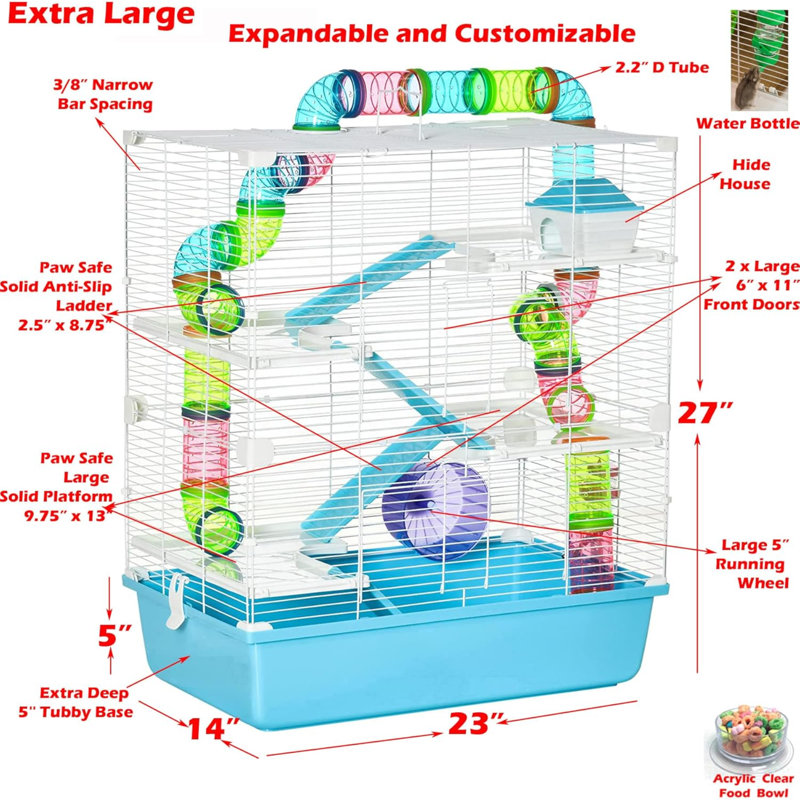Très grand 23 po multi-niveaux facile à installer Hamster Palace Gerbil Habitat Souris House Mice Home Critter Cage Ensemble complet d'accessoires extensible personnalisable Hide House bol de nourriture