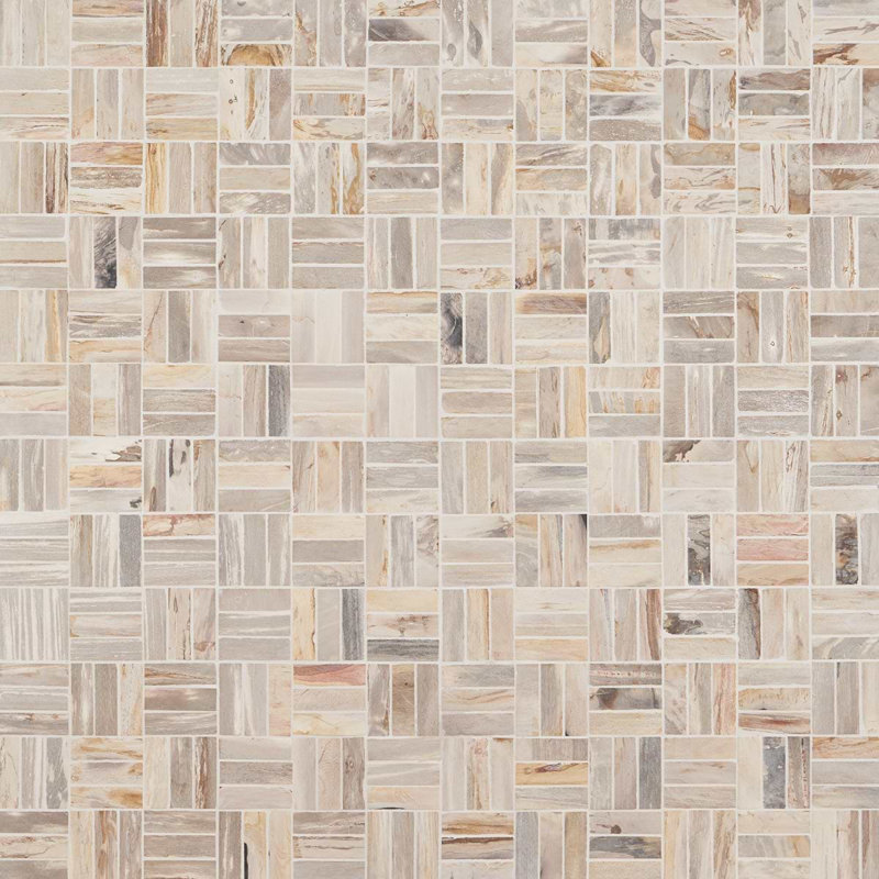 Fossil 12x12 Basketweave Satin Tumbled Petrified Stone Mosaic Tile