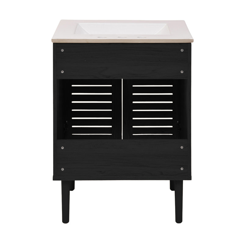 Meuble-lavabo autoportant 24 po en chêne noir avec comptoir à 3 trous Bron, Chêne noir, Blanc, 8 po