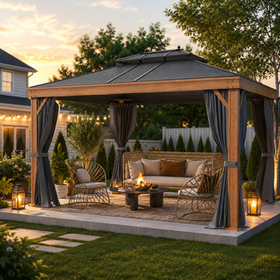 Pavillon de jardin en aluminium 10 po x 13 pi avec toit en acier galvanisé, pavillon de jardin à grain de bois avec moustiquaire et rideaux pour la cour arrière