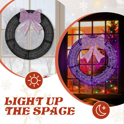 Décoration de guirlande de Noël, couronne en métal pré-éclairée avec nœud - construction robuste résistante aux intempéries, parfaite pour la porte d'entrée / patio / salon