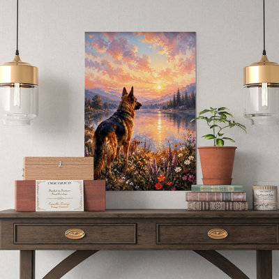 Canvas Wall Art German Shepherd Sunset Lake Wildflower Art Print Vintage Poster Print Home Decor