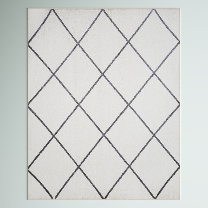 Tapis blanc / gris à motif de losanges minimalistes Bertrice, Rectangle 4 pi x 6 pi