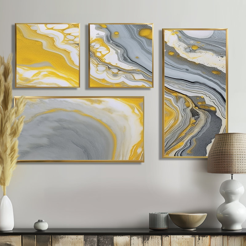 Symphonie de marbre gris et jaune - art mural abstrait grand 4 pièces, Impression encadrée sans passe-partout, Doré