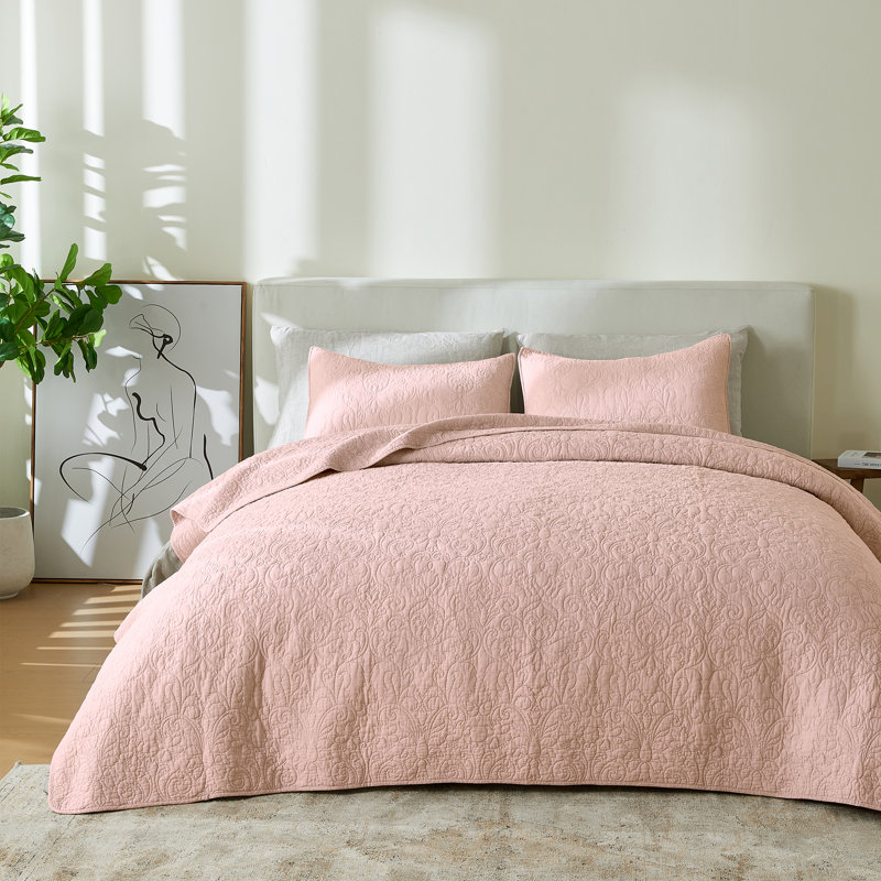 Ensemble de courtepointe 100% coton avec détails surpiqués Boho, Rose - héritage