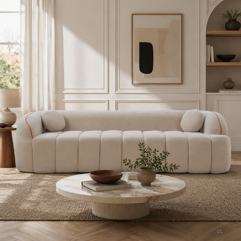 Canapé 98,4 po moderne compressé, canapé 3 places en velours côtelé Cloud Couch, aucun assemblage requis, canapé capitonné avec 2 coussins Bubble Channel, siège profond confortable pour salon, appartement, bureau