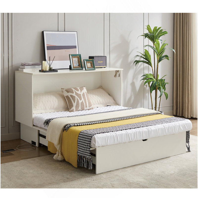 Lit armoire avec rangement, grand lit, matelas en mousse pliable et tiroirs surdimensionnés, lit escamotable, ensemble de prises et ports USB, lit escamotable pliant peu encombrant, blanc