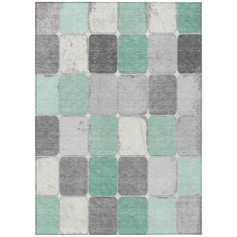 Machine Washable Indoor/Outdoor Xhevrie Mint Rug, Rectangle 5' x 7'6"