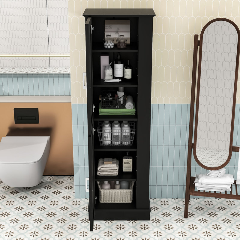 Armoire de rangement autoportante pour salle de bain avec tablettes réglables, dispositif anti-basculement et crochet latéral