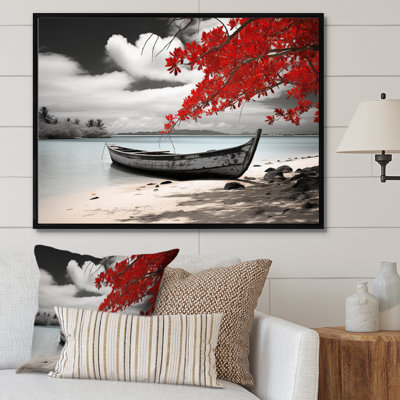 Hawaii Red And Grey Monochrome Boat I - Hawaii Wall Art Living Room