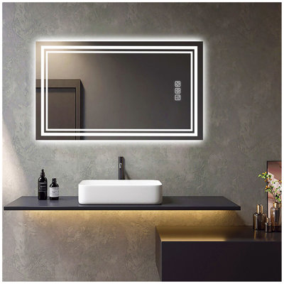 Miroir de salle de bain à DEL 40 po x 32 po à l'avant et à l'arrière, désembuage 5 minutes, miroir de meuble-lavabo mural 5 mm à réflexion intégrale HD, 3 couleurs à intensité variable, CRI90 +, fonction de mémoire (à brancher / câblé)