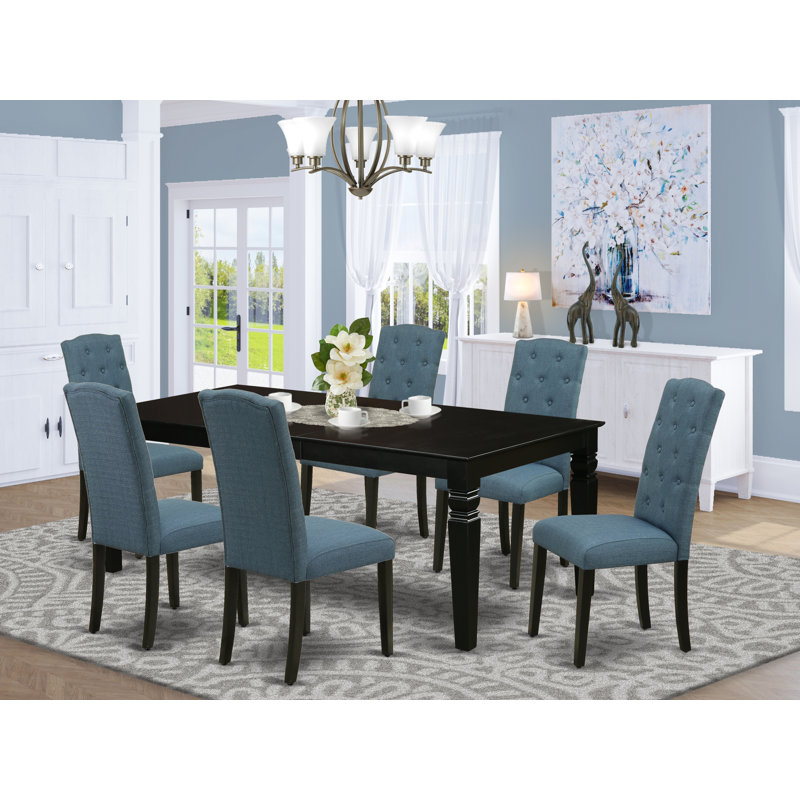 7 Piece Dinette Set Consist of a Rectangle Dining Table with Butterfly Leaf and 6 Mineral Blue Linen Fabric Parson Dining Chairs, Black