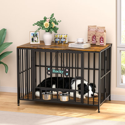 Large Foldable Dog Crate Furniture, Assembly-Free Dog Crate With Adjustable Bowls And Name Tag For Small, Medium, Large Dog