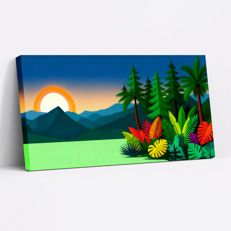 Ensemble de 1 tableau sur toile tendue représentant un paysage tropical au coucher du soleil, H 12 po x l 36 po
