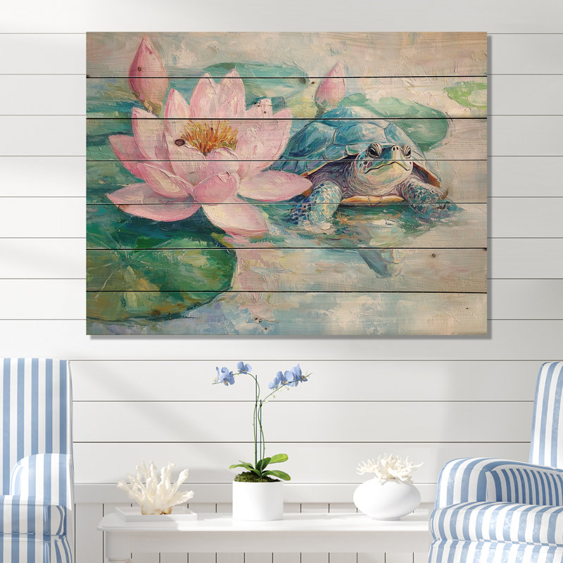 Tortue dans le nénuphar III - impression moderne en bois rose sur bois de pin naturel, H 34 po x l 44 po