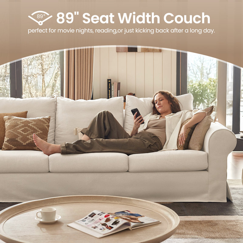 89" 3 Seater Sofas For Living Room, Slipcovered & Washable Sofa With Deep Seat, White