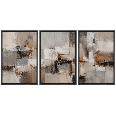 Œuvre d'art géométrique abstrait aux tons neutres de taupe, gris, noir et brun chaud, idéale pour le bureau. Impression giclée sur toile encadrée, ensemble de 3 pièces (61 x 91 cm).