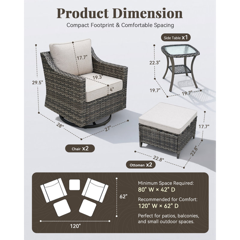 Ensemble de meubles de patio 5 pièces, chaises berçantes et repose-pieds pivotants pour l'extérieur