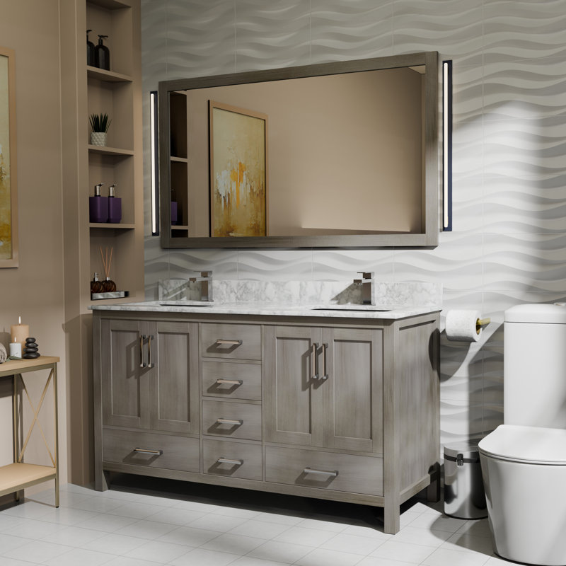 Meuble-lavabo double l 60 po x P 22 po Jacques, Gris patiné